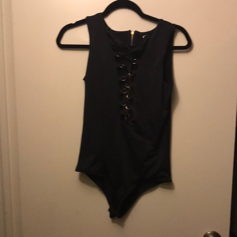 Sexy Tie Up Black & Gold Bodysuit